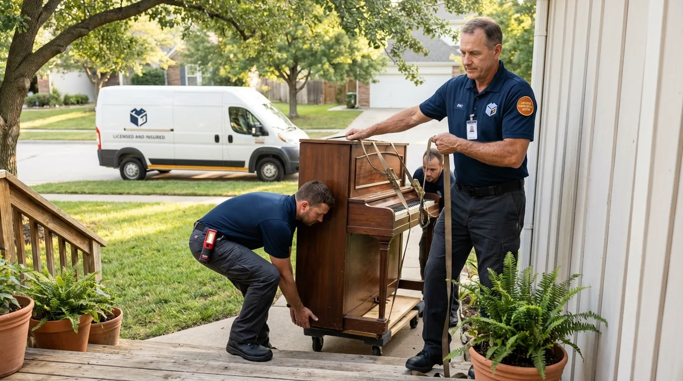 Licensed piano movers securing grand piano in Page, AZ