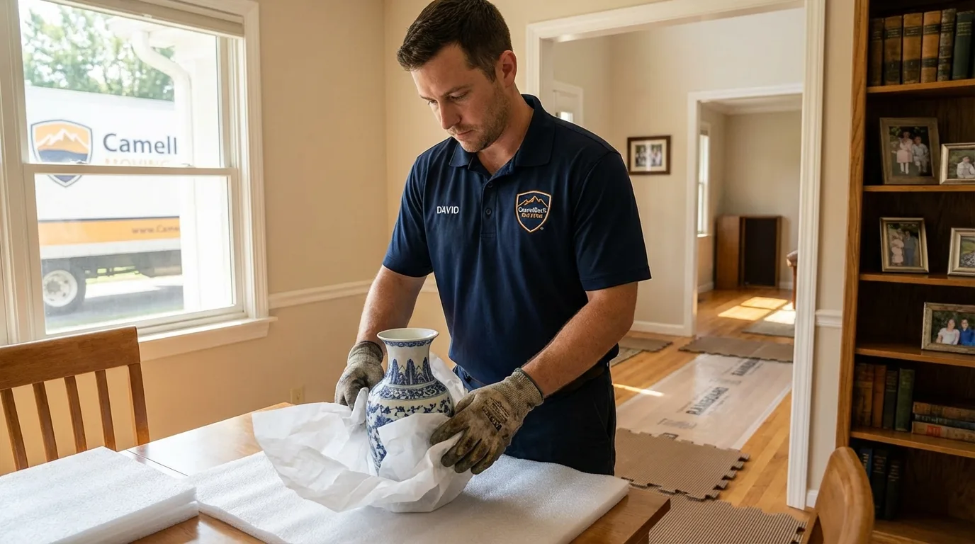 Professional crew carefully wrapping antique vase for senior downsizing move in Page, AZ